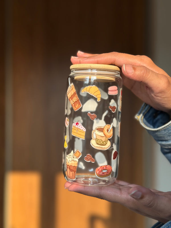Brunch Bliss | 16oz Glass Tumbler with Decorative Bamboo Lid & Glass Straw