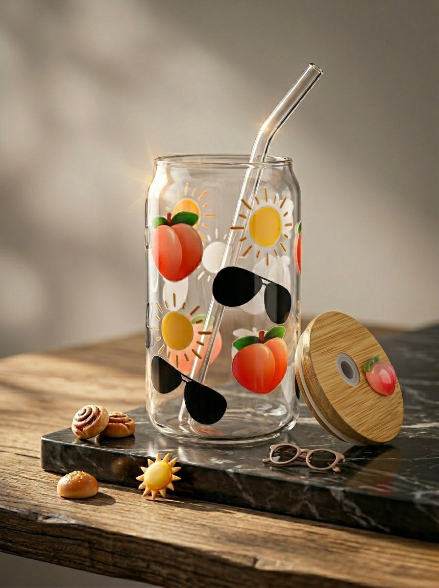 Sun Peach Tumbler | 16oz Glass Tumbler with Decorative Bamboo Lid & Glass Straw