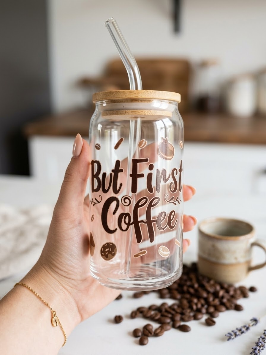 But First Coffee | Brown Theme | 16oz Glass Tumbler with Decorative Bamboo Lid & Glass Straw