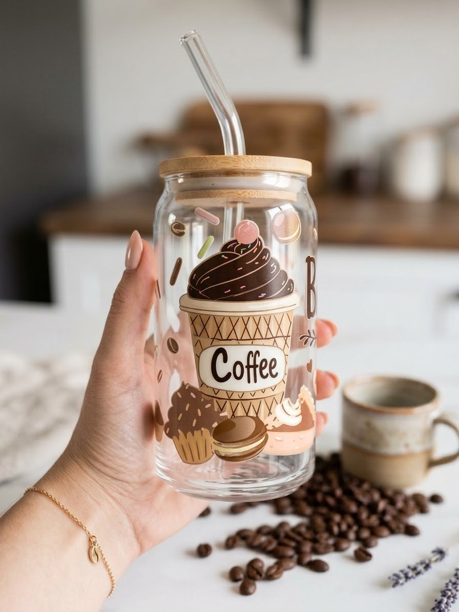 But First Coffee | Brown Theme | 16oz Glass Tumbler with Decorative Bamboo Lid & Glass Straw