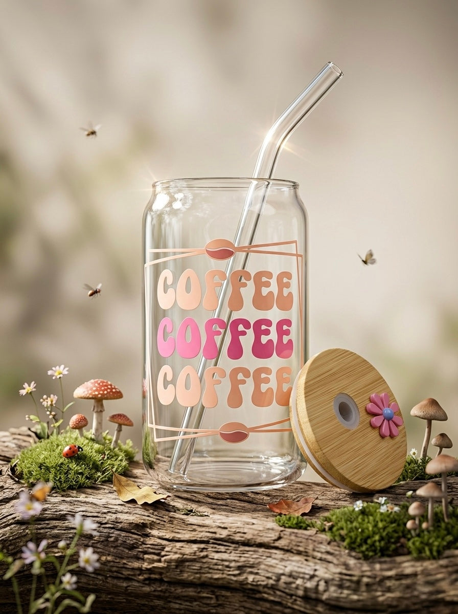 Flower Coffee Cup | 16oz Glass Tumbler with Decorative Bamboo Lid & Glass Straw
