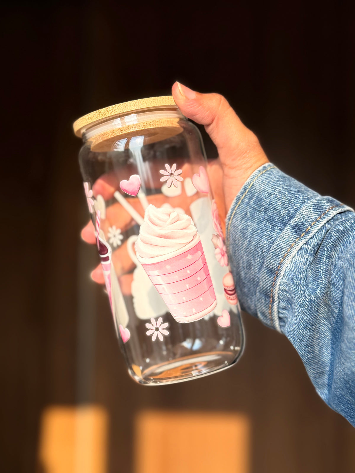 Macaroons and Coffee | 16oz Glass Tumbler with Decorative Bamboo Lid & Glass Straw