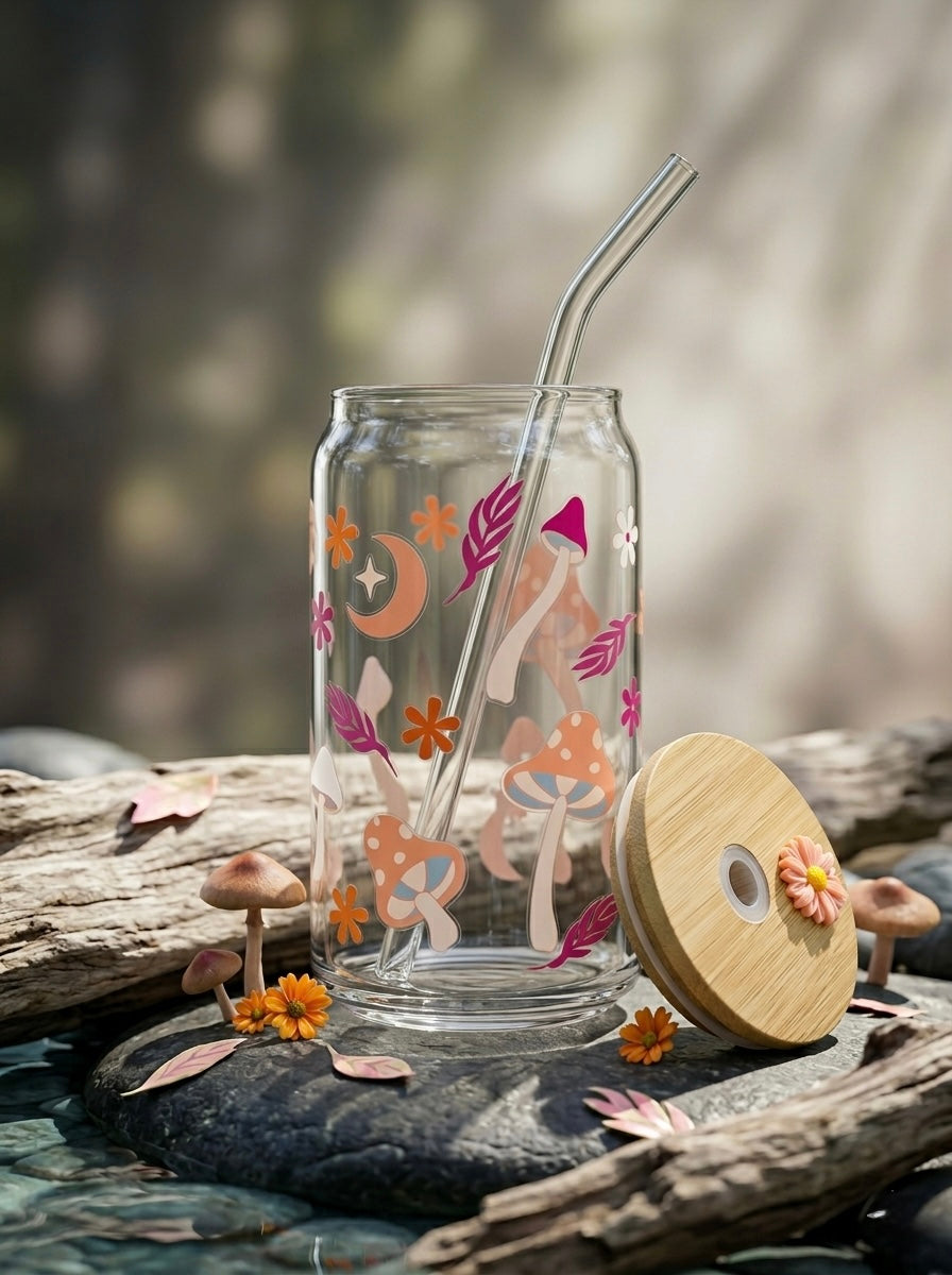 Mushroom Tumbler | 16oz Glass Tumbler with Decorative Bamboo Lid & Glass Straw