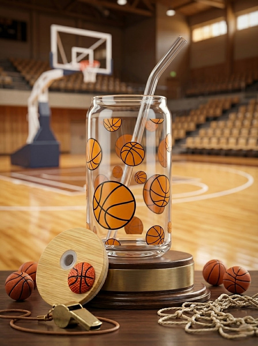 Basketball Tumbler | 16oz Glass Tumbler with Decorative Bamboo Lid & Glass Straw