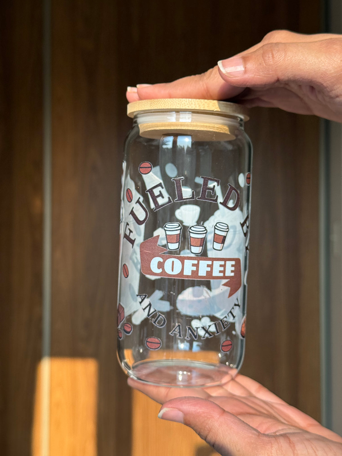 Fueled by Coffee and Anxiety| 16oz Glass Tumbler with Decorative Bamboo Lid & Glass Straw