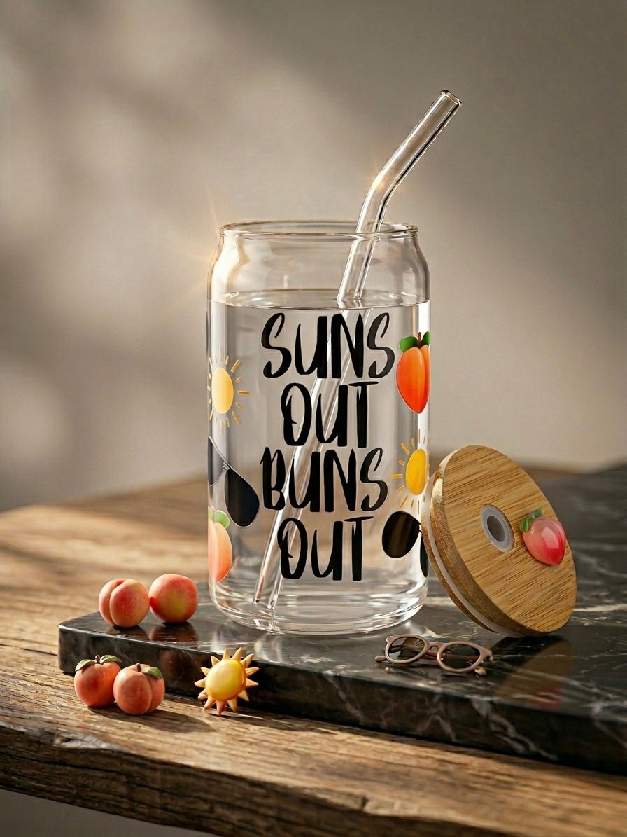 Sun Peach Tumbler | 16oz Glass Tumbler with Decorative Bamboo Lid & Glass Straw