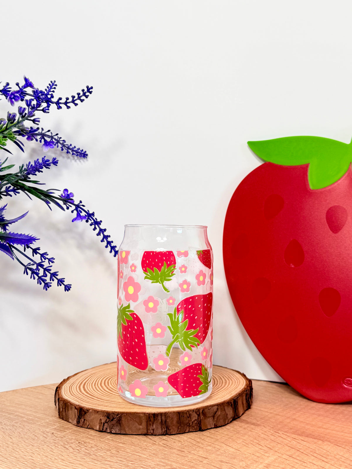 Strawberry With Flowers | 16oz Glass Tumbler with Decorative Bamboo Lid & Glass Straw