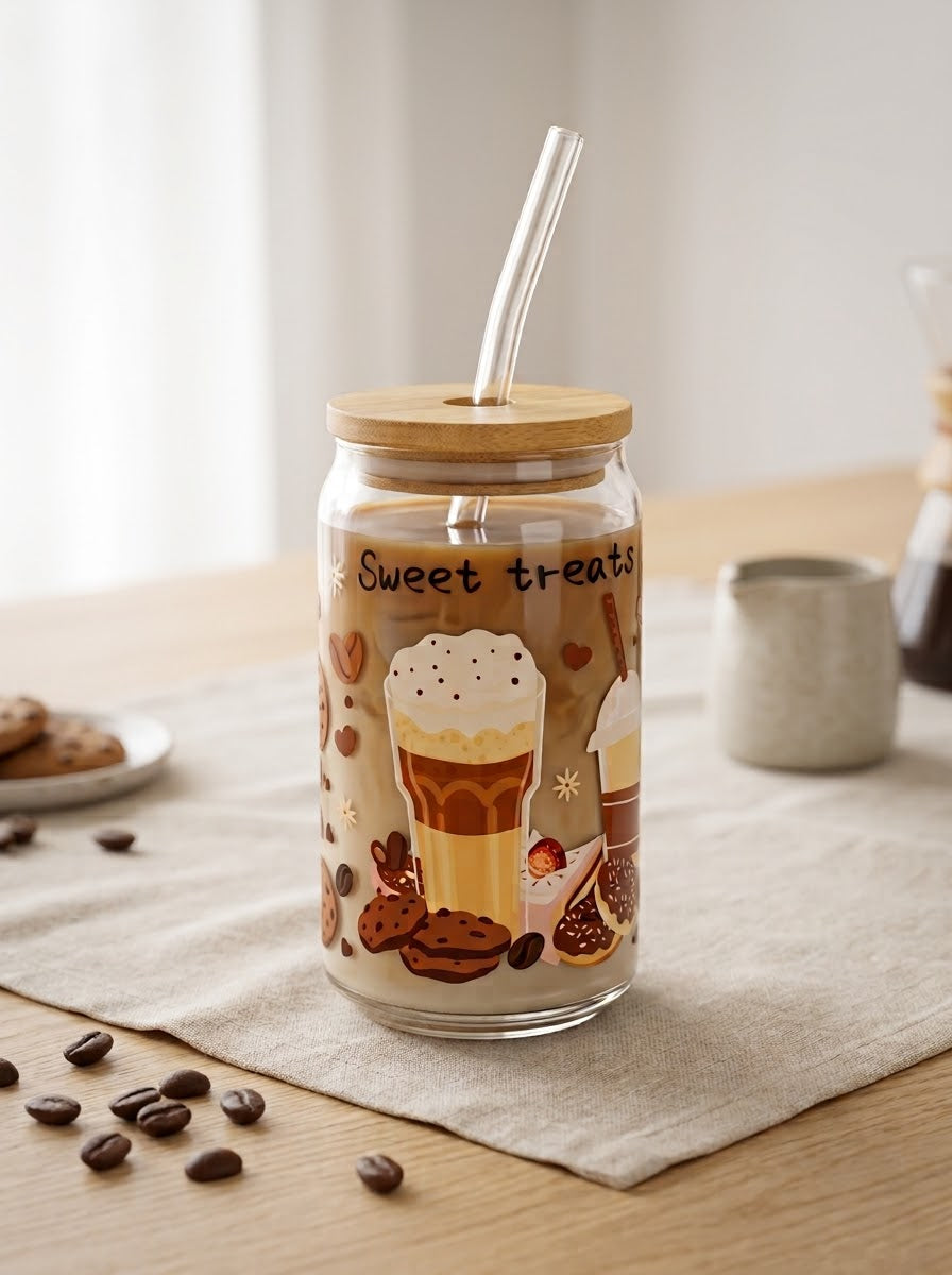 Sweet Treats Bring Simple Joys | 16oz Glass Tumbler with Decorative Bamboo Lid & Glass Straw