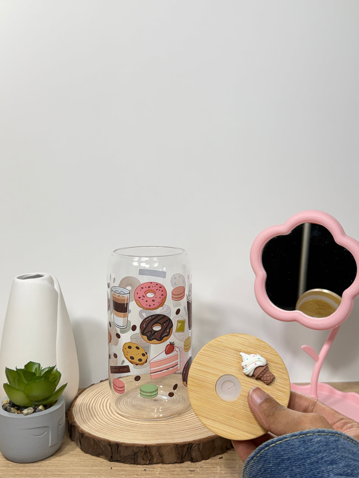 Dessert Tumbler | 16oz Glass Tumbler with Decorative Bamboo Lid & Glass Straw