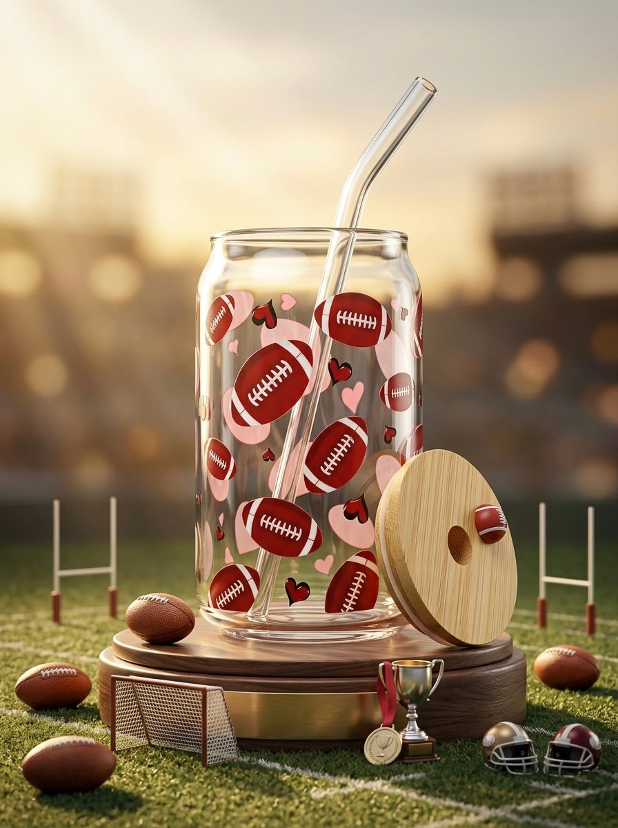 Rugby | 16oz Glass Tumbler with Decorative Bamboo Lid & Glass Straw