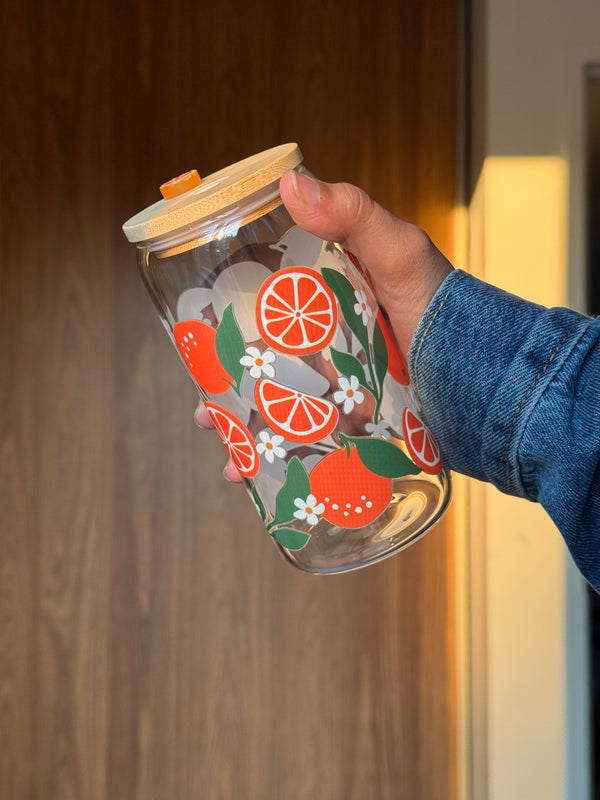Orange Sunset | 16oz Glass Tumbler with Decorative Bamboo Lid & Glass Straw