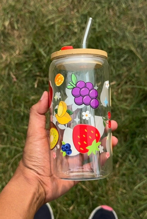 Mix Fruit Basket | 16oz Glass Tumbler with Decorative Bamboo Lid & Glass Straw