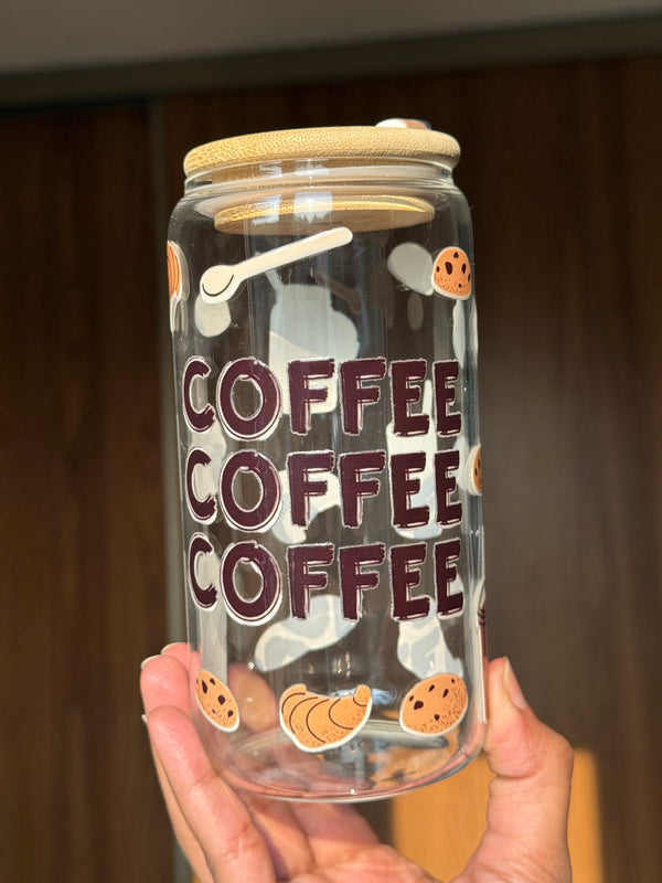 Coffee Coffee Coffee | 16oz Glass Tumbler with Decorative Bamboo Lid & Glass Straw