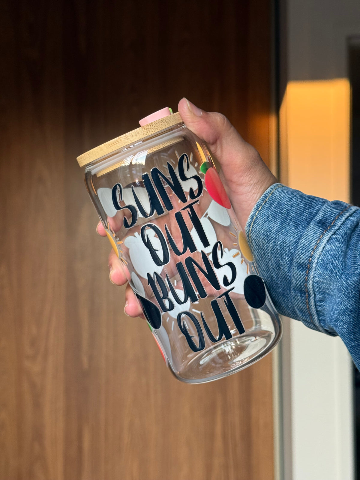 Sun Peach Tumbler | 16oz Glass Tumbler with Decorative Bamboo Lid & Glass Straw