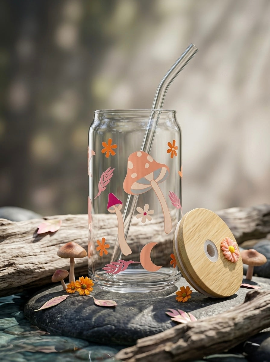 Mushroom Tumbler | 16oz Glass Tumbler with Decorative Bamboo Lid & Glass Straw