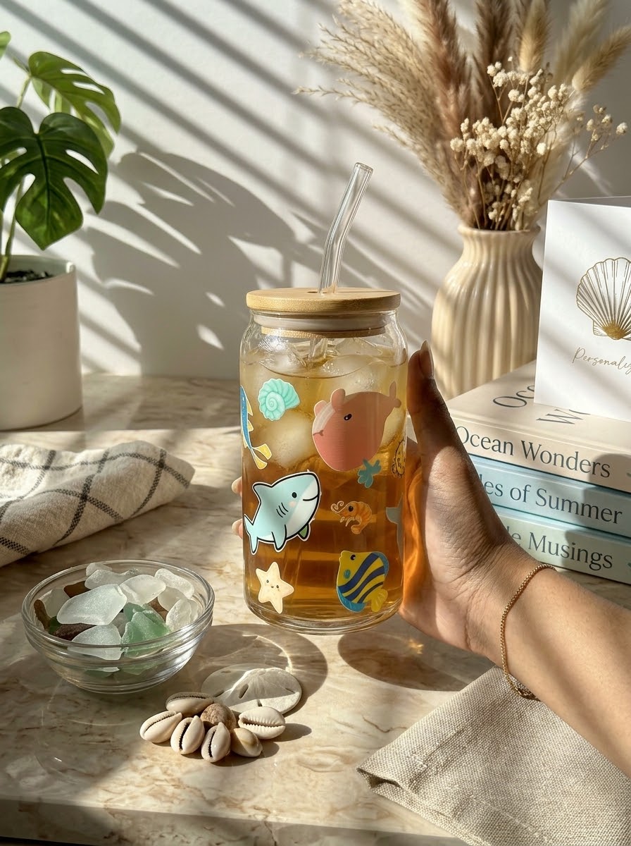Sea Life Tumbler | 16oz Glass Tumbler with Decorative Bamboo Lid & Glass Straw
