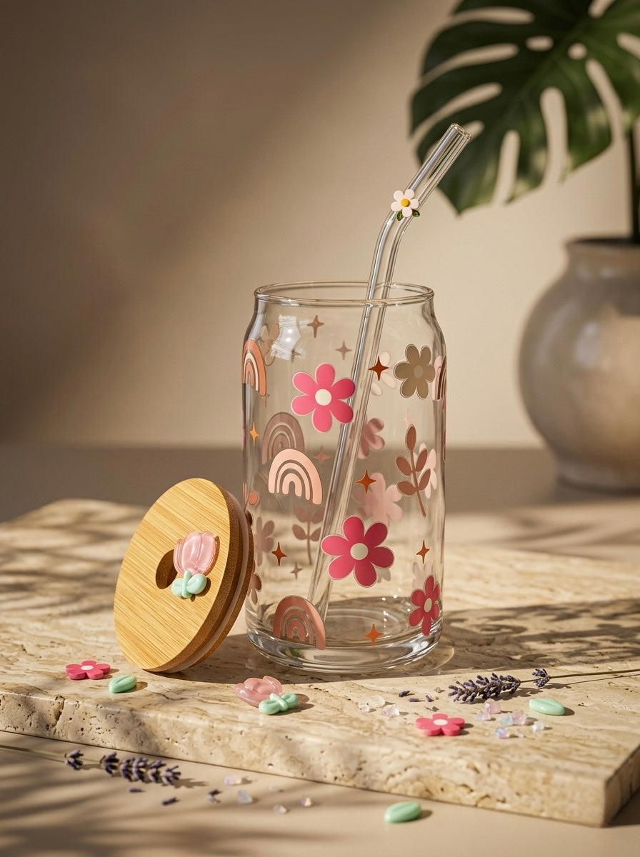 Flower Rainbow Cup | 16oz Glass Tumbler with Decorative Bamboo Lid & Glass Straw