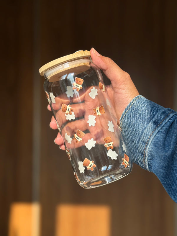 Teddy Bear | 16oz Glass Tumbler with Decorative Bamboo Lid & Glass Straw