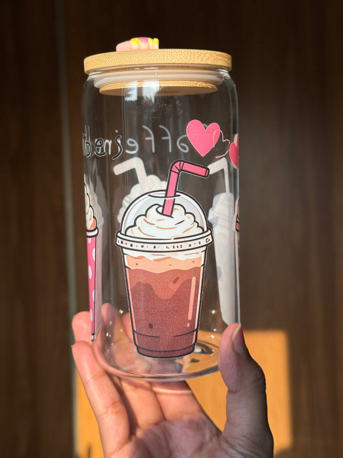 Caffeine Vibes | 16oz Glass Tumbler with Decorative Bamboo Lid & Glass Straw