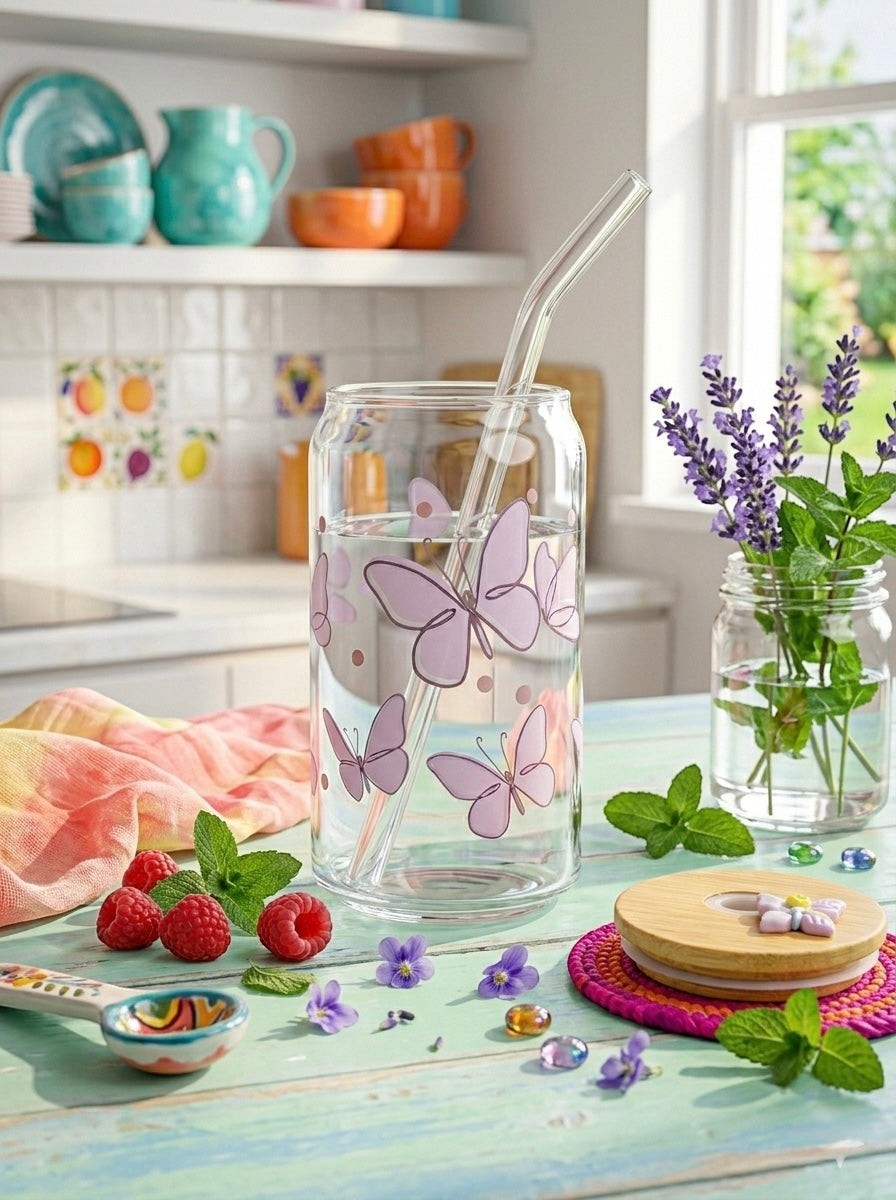 TheNStudio glass tumbler with a reusable glass straw, decorated with purple butterflies and dots. Includes bamboo lid.
