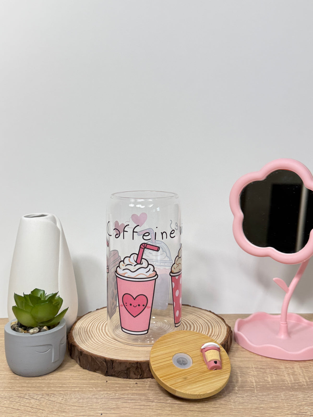 Caffeine Vibes | 16oz Glass Tumbler with Decorative Bamboo Lid & Glass Straw