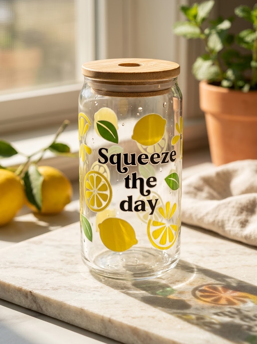 Squeeze The Day | Lemon Tumbler | 16oz Glass Tumbler with Decorative Bamboo Lid & Glass Straw