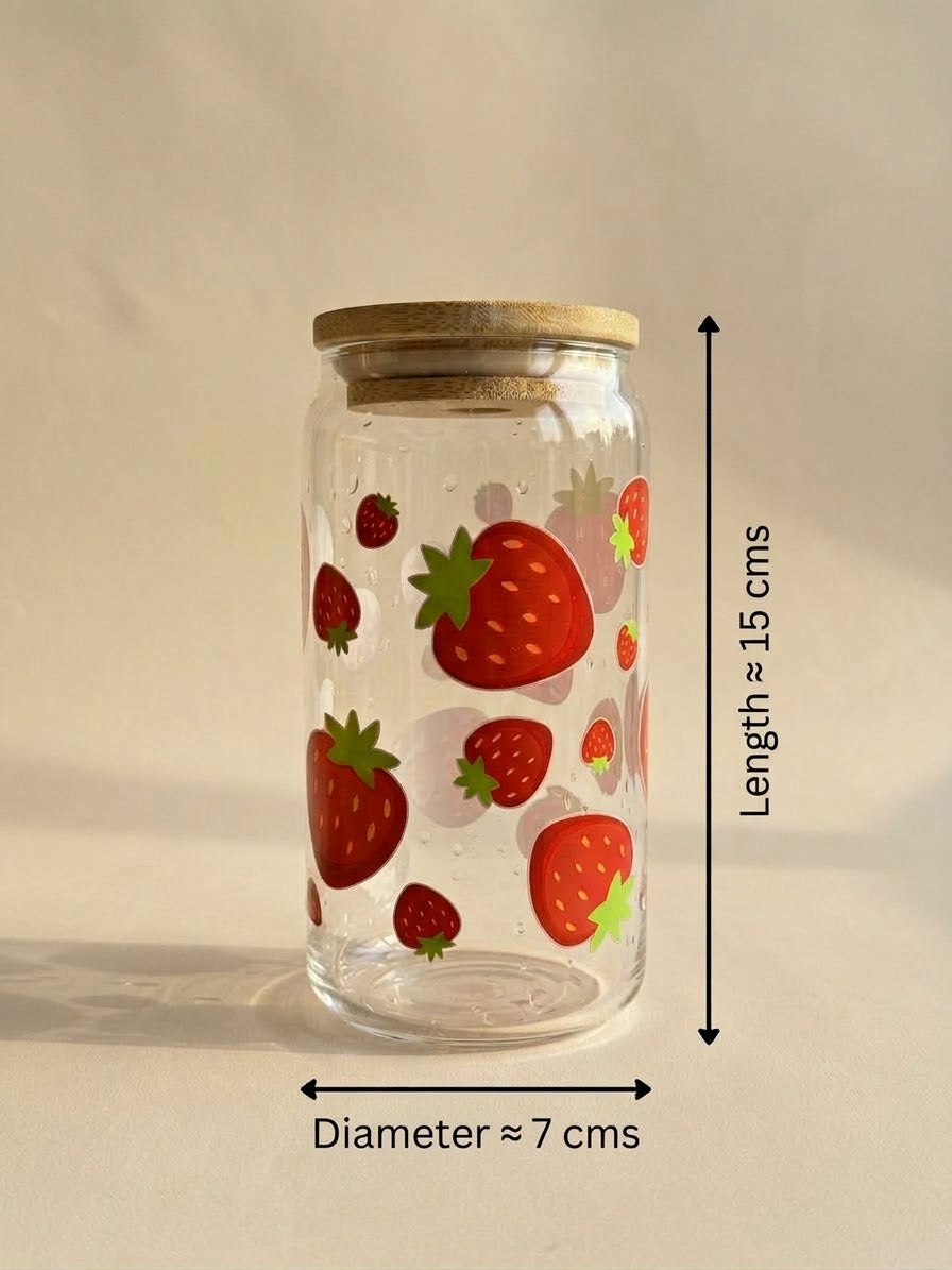 Strawberry Tumbler | 16oz Glass Tumbler with Decorative Bamboo Lid & Glass Straw