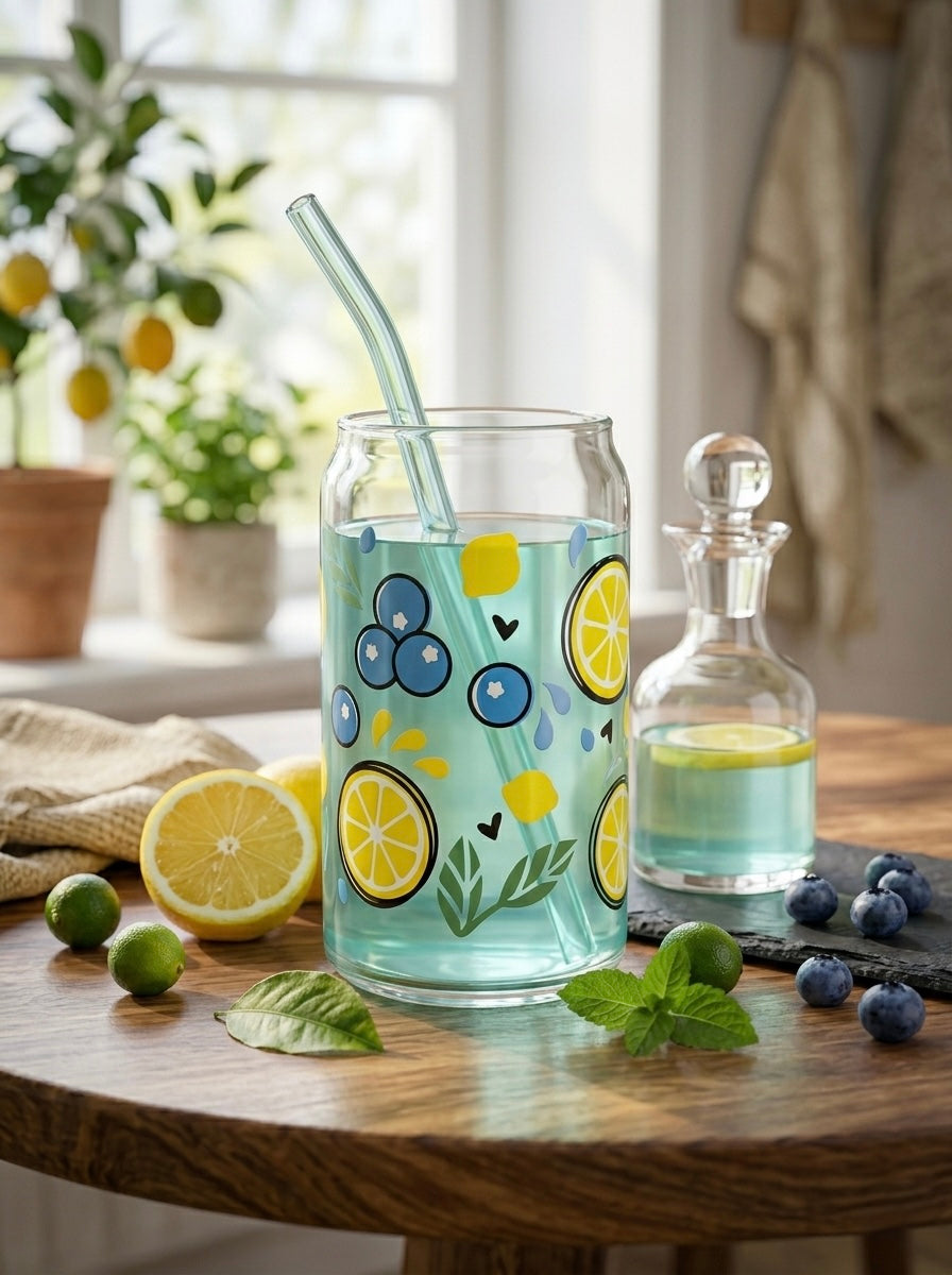 Blueberry Lime Tumbler  | 16oz Glass Tumbler with Decorative Bamboo Lid & Glass Straw