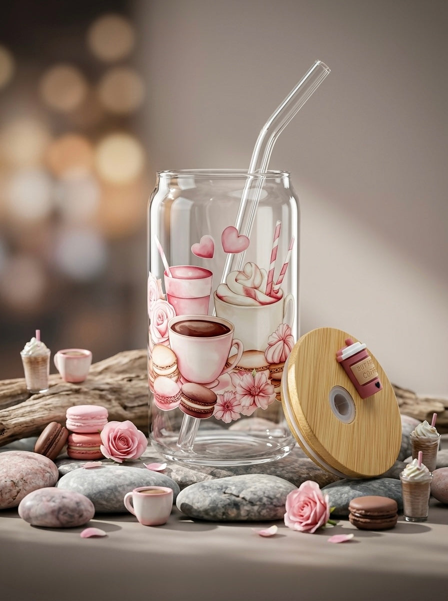 Pink Latte  | 16oz Glass Tumbler with Decorative Bamboo Lid & Glass Straw