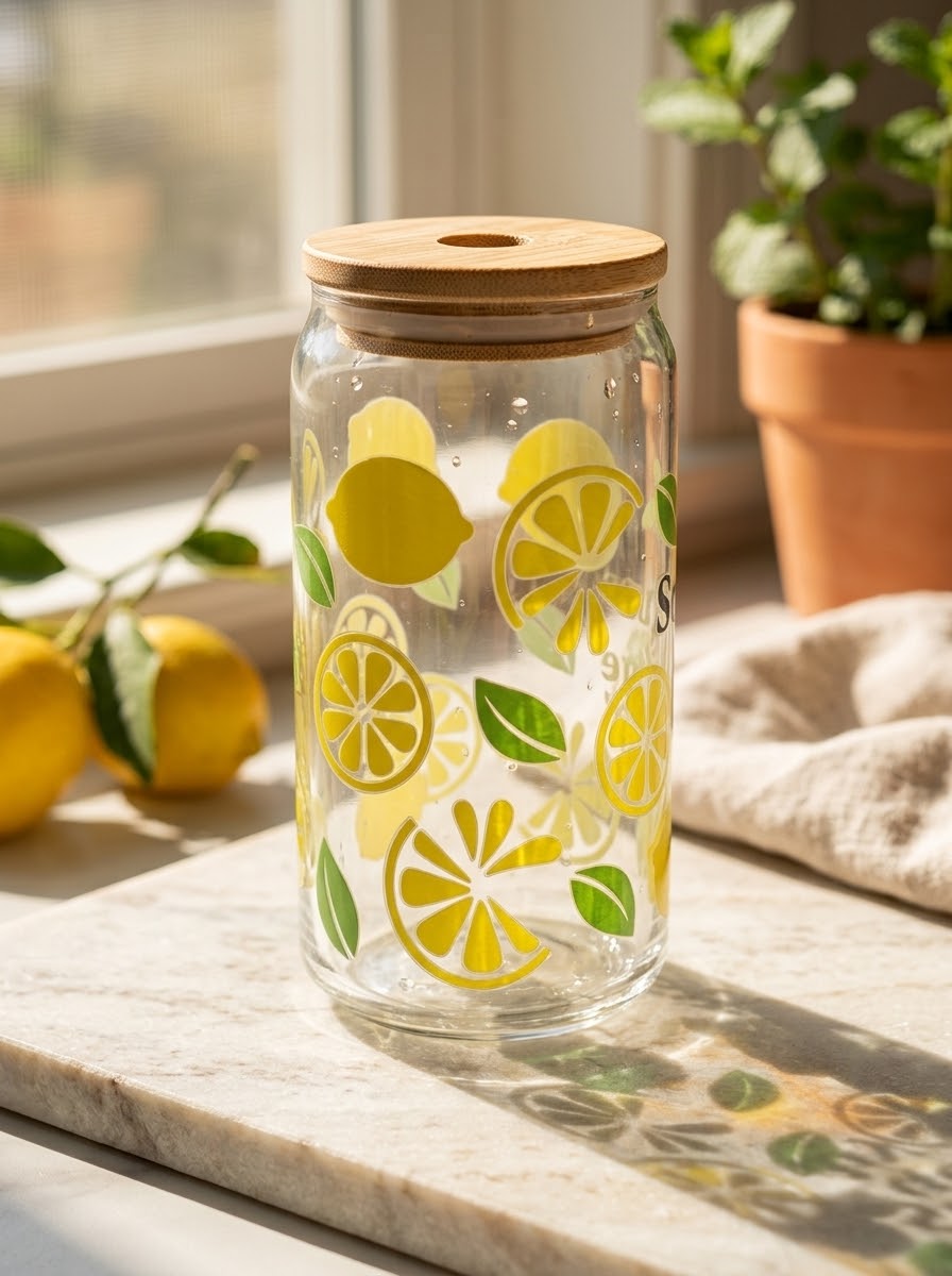 Squeeze The Day | Lemon Tumbler | 16oz Glass Tumbler with Decorative Bamboo Lid & Glass Straw