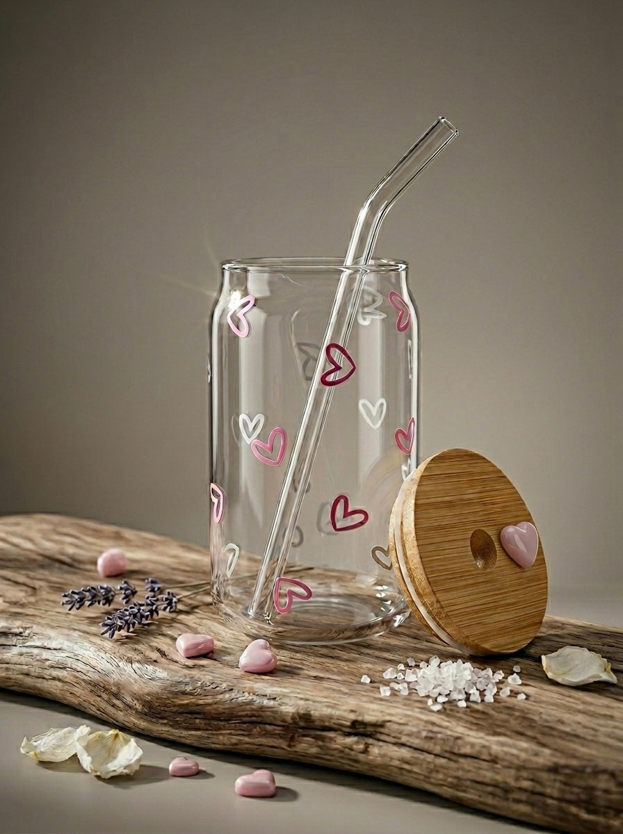 Heart Sipper  | 16oz Glass Tumbler with Decorative Bamboo Lid & Glass Straw