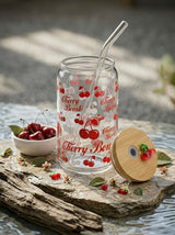 Cherry Tumbler  | 16oz Glass Tumbler with Decorative Bamboo Lid & Glass Straw