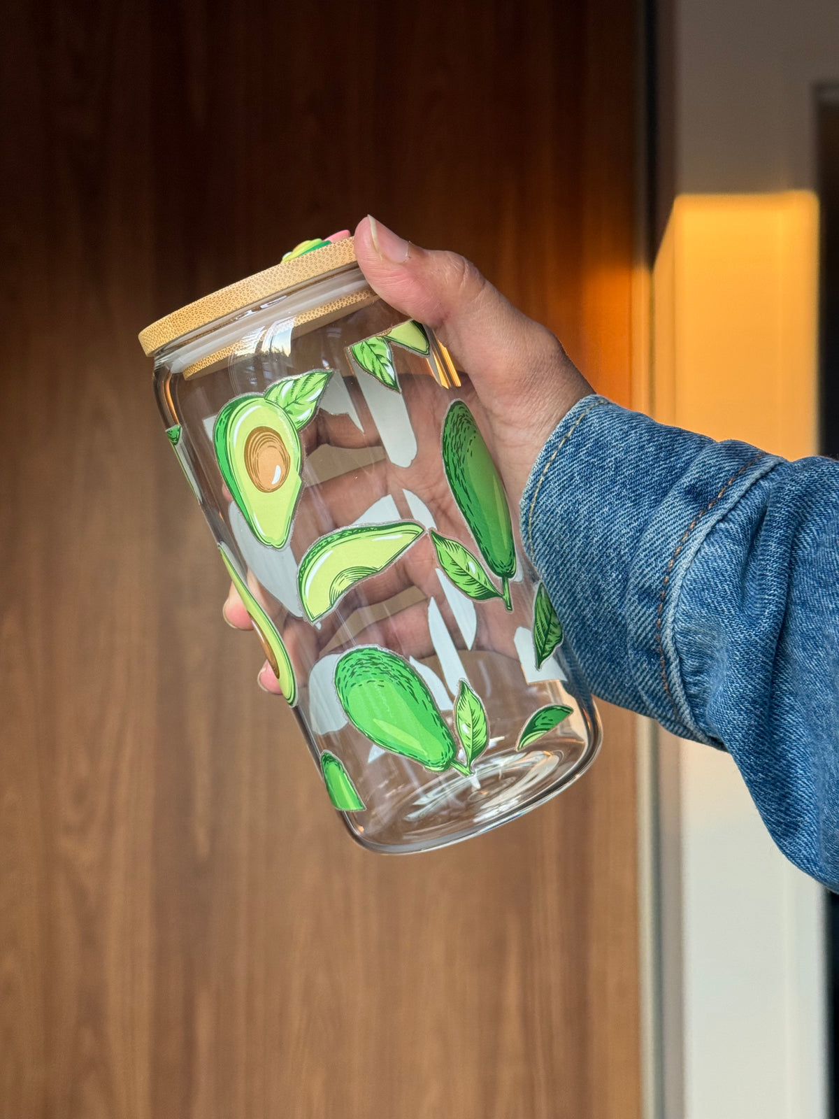 Avocado Tumbler | 16oz Glass Tumbler with Decorative Bamboo Lid & Glass Straw