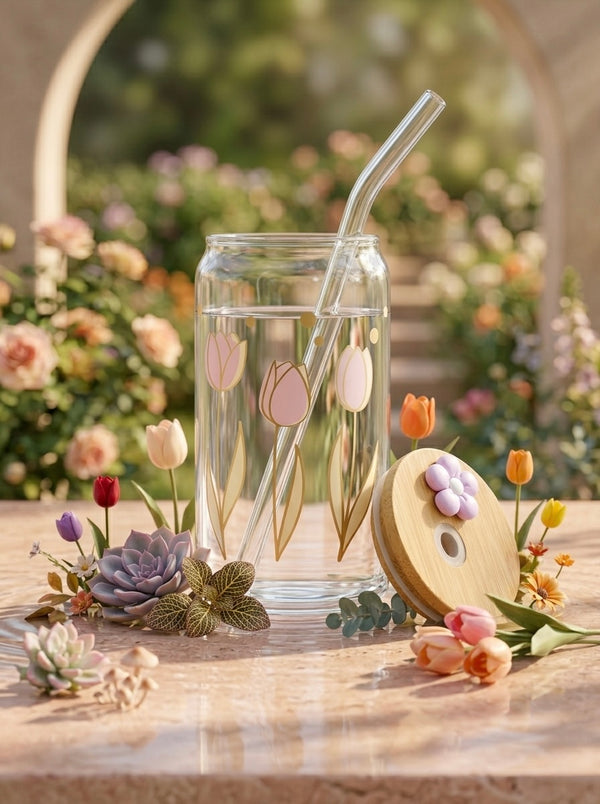 Purple Tulip Tumbler  | 16oz Glass Tumbler with Decorative Bamboo Lid & Glass Straw