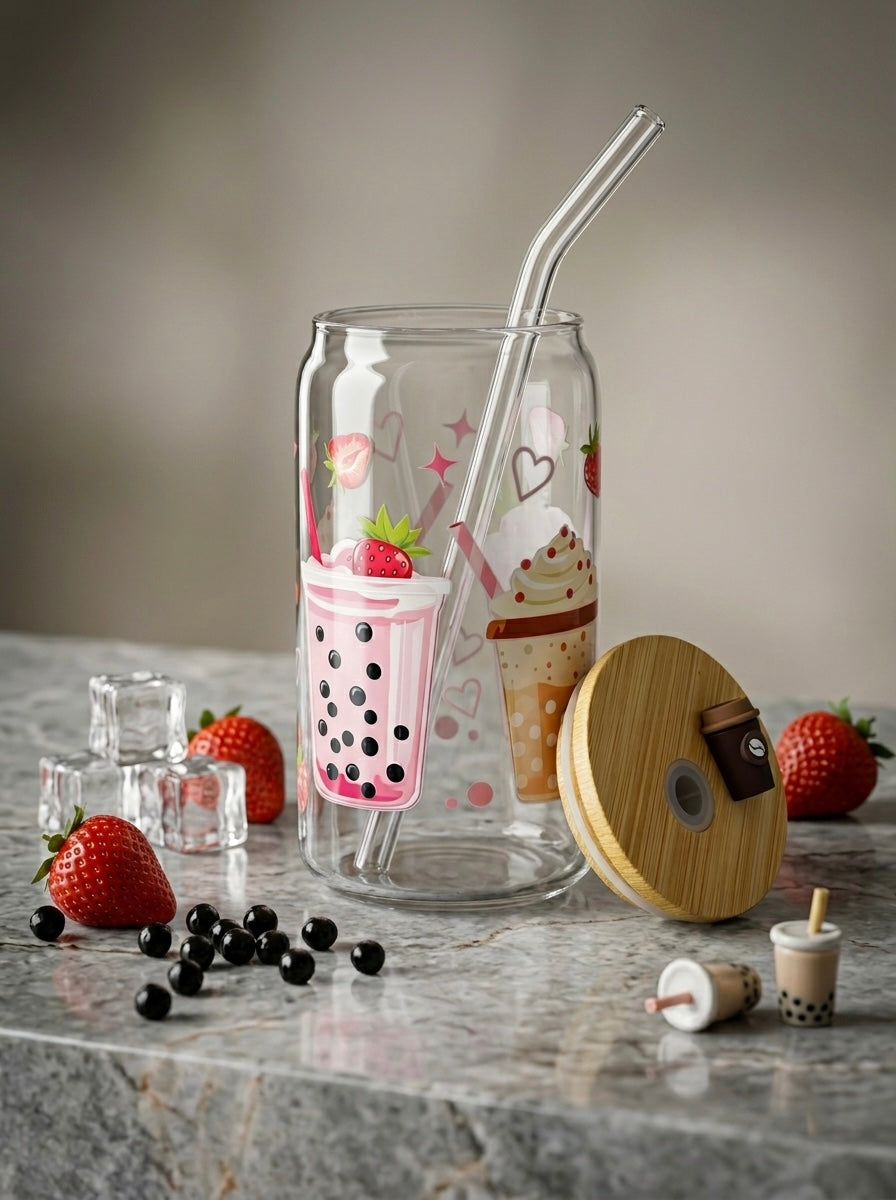 Boba Bliss  | 16oz Glass Tumbler with Decorative Bamboo Lid & Glass Straw