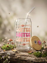 Flower Coffee Cup  | 16oz Glass Tumbler with Decorative Bamboo Lid & Glass Straw