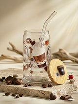 Coffee Time  | 16oz Glass Tumbler with Decorative Bamboo Lid & Glass Straw