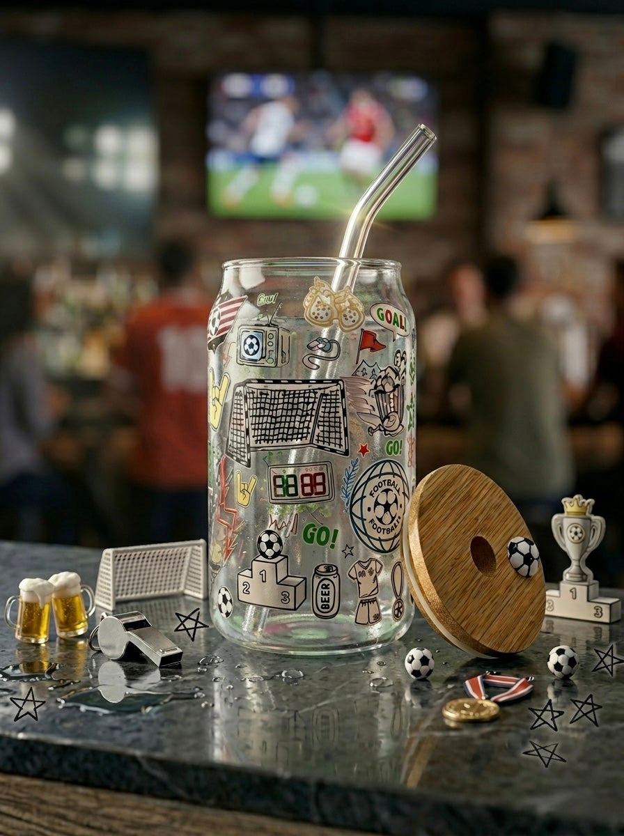 Football | 16oz Glass Tumbler with Decorative Bamboo Lid & Glass Straw
