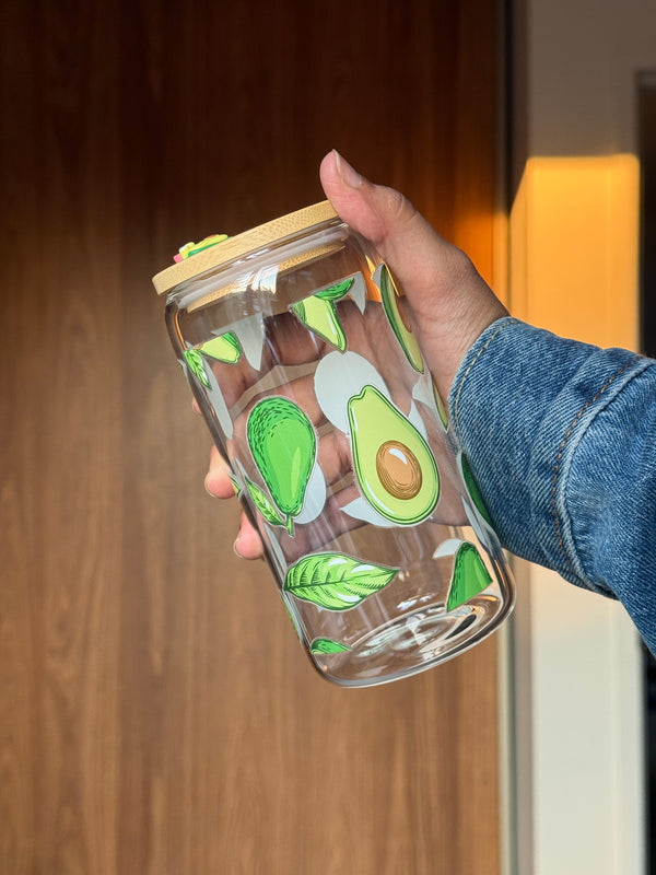 Avocado Tumbler | 16oz Glass Tumbler with Decorative Bamboo Lid & Glass Straw