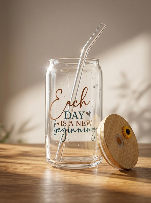 Each Day is a New Beginning Tumbler  | 16oz Glass Tumbler with Decorative Bamboo Lid & Glass Straw