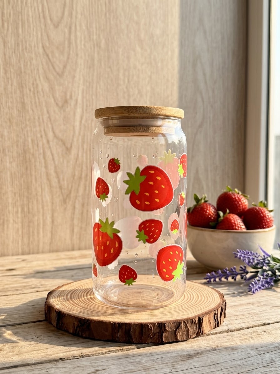 Strawberry Tumbler | 16oz Glass Tumbler with Decorative Bamboo Lid & Glass Straw