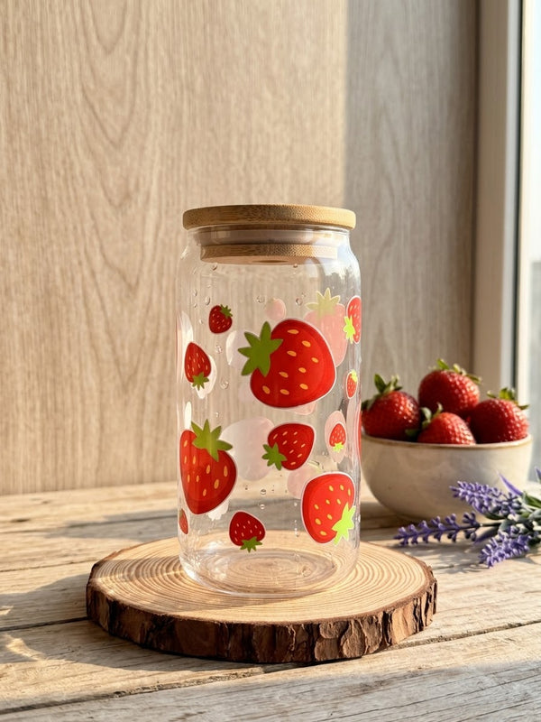 Strawberry Tumbler | 16oz Glass Tumbler with Decorative Bamboo Lid & Glass Straw