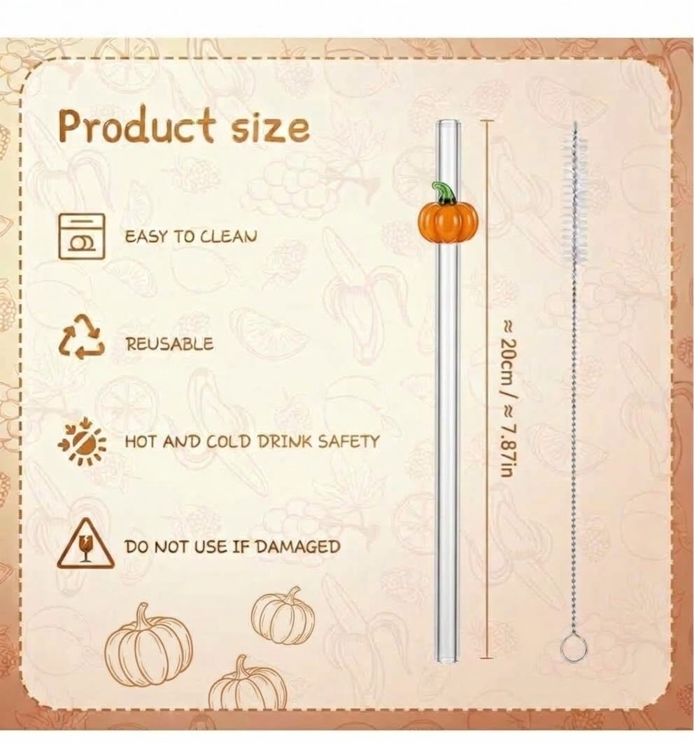 Pumpkin Glass Straw with Cleaner