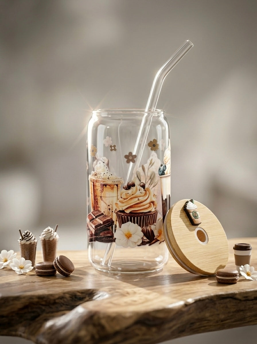 Cupcake Tumbler  | 16oz Glass Tumbler with Decorative Bamboo Lid & Glass Straw