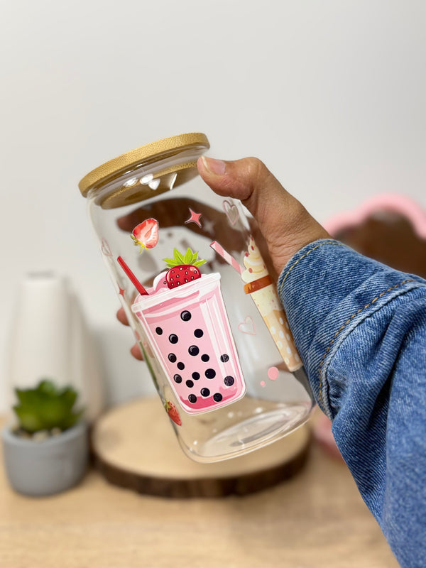 Boba Bliss  | 16oz Glass Tumbler with Decorative Bamboo Lid & Glass Straw