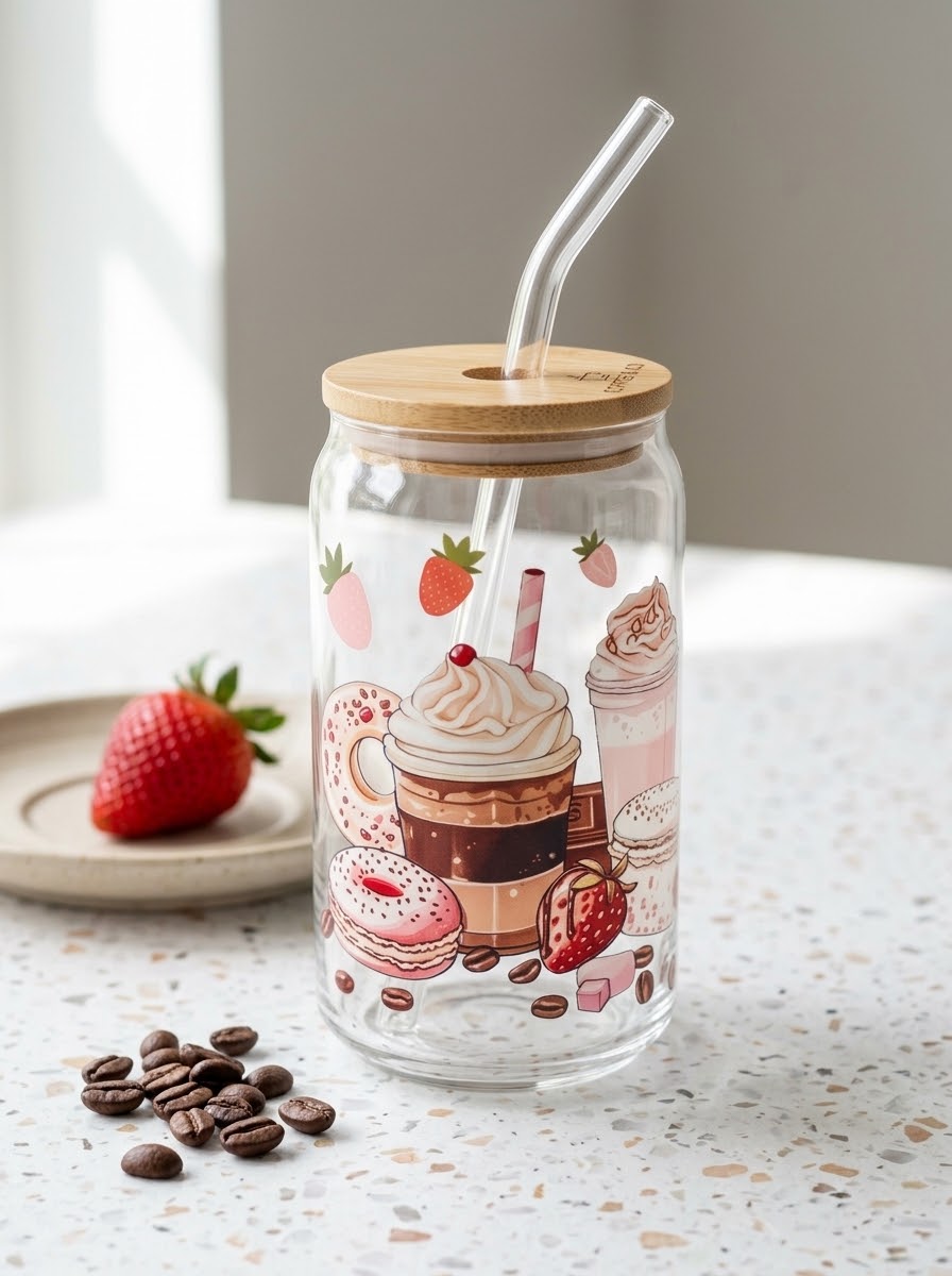 Strawberry Frappe and Dessert | 16oz Glass Tumbler with Decorative Bamboo Lid & Glass Straw