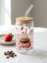 Strawberry Frappe and Dessert | 16oz Glass Tumbler with Decorative Bamboo Lid & Glass Straw