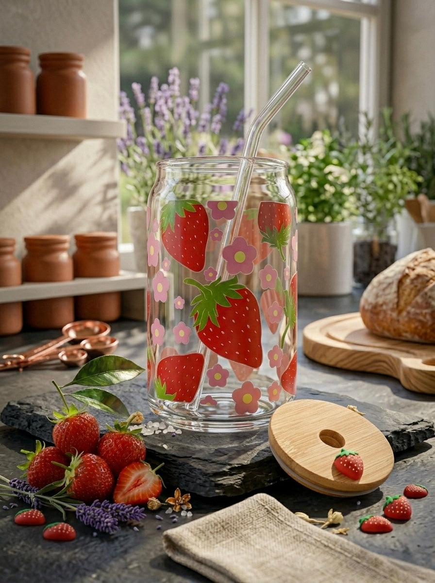 Strawberry Blush  | 16oz Glass Tumbler with Decorative Bamboo Lid & Glass Straw