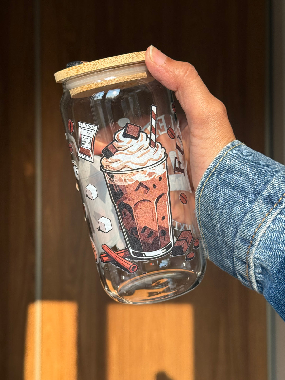 Fueled by Coffee and Anxiety| 16oz Glass Tumbler with Decorative Bamboo Lid & Glass Straw