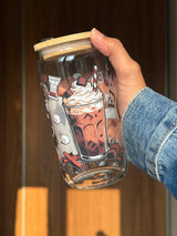 Fueled by Coffee and Anxiety| 16oz Glass Tumbler with Decorative Bamboo Lid & Glass Straw